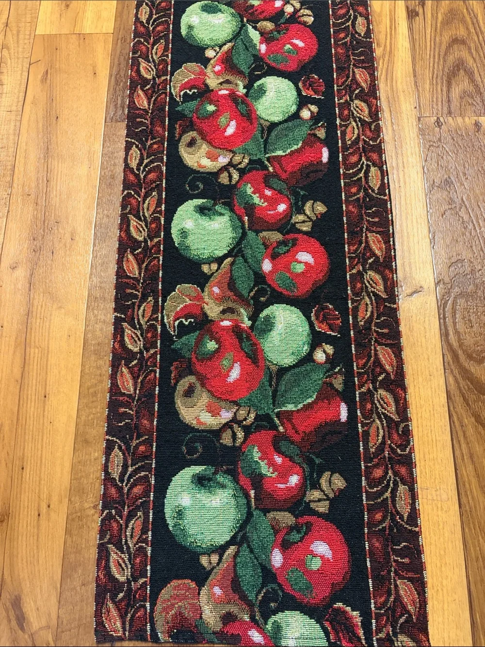 Vintage Tapestry Table Black Runner with Red and Green Apple Motif 64x12.5 EUC